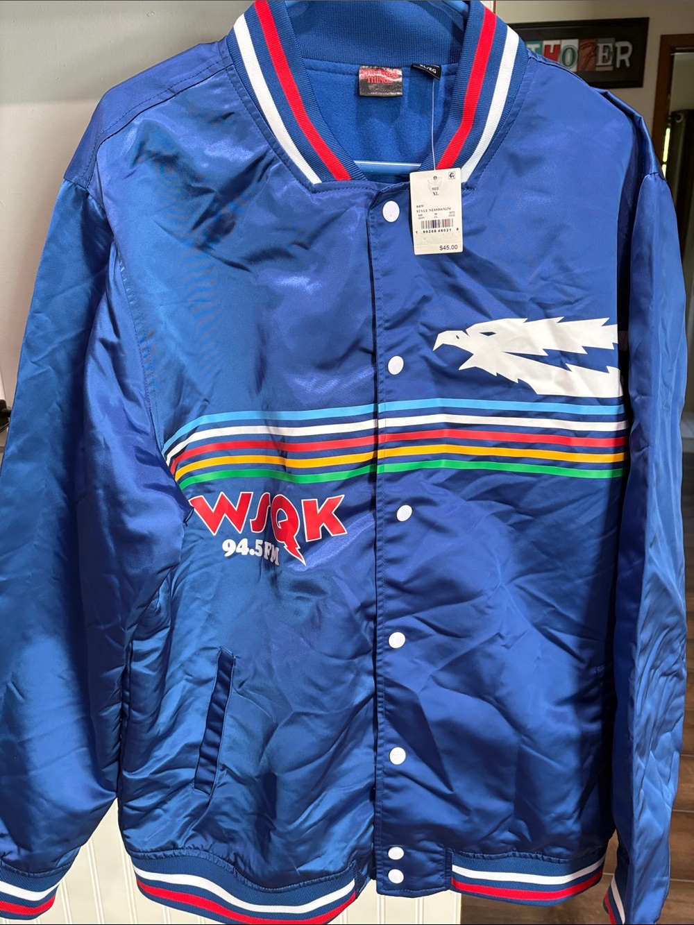 Blue WSQK 94.5 FM Satin Jacket with Rainbow Stripe